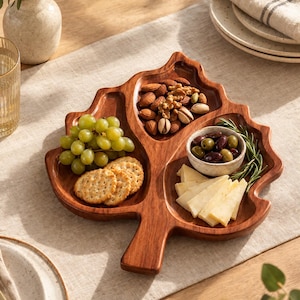 May include: A leaf-shaped wooden serving tray with three distinct compartments. The tray holds a cluster of green grapes, round crackers, a mix of almonds and walnuts, and a small ceramic bowl containing olives and fresh rosemary sprigs.