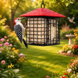 May include: A red-roofed bird feeder with a black wire cage, hanging from a tree branch. A red-headed woodpecker clings to the side, while another bird flies nearby. The feeder contains a block of birdseed, set against a backdrop of a lush garden.