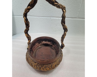 Vintage Handmade Japanese Ikebana Woven Basket Wood Bottom 9.75"