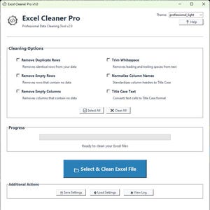 Pode incluir: Captura de tela da interface do software Excel Cleaner Pro. O software tem um tema claro e apresenta opções para limpar arquivos do Excel, incluindo a remoção de duplicatas, linhas e colunas vazias. Um botão azul diz "Selecionar e limpar arquivo Excel."