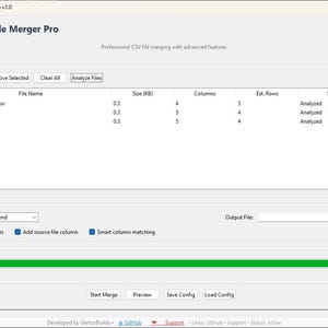 May include: Screenshot of the CSV File Merger Pro software interface. The software displays file names, sizes, columns, and status. Options include adding, removing, and analyzing files, with a progress bar indicating analysis completion.