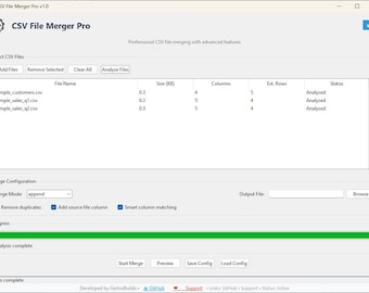 May include: Screenshot of the CSV File Merger Pro software interface. The software displays file names, sizes, columns, and status. Options include adding, removing, and analyzing files, with a progress bar indicating analysis completion.