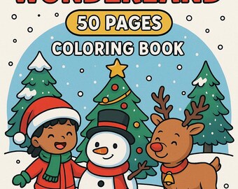 May include: A colorful illustration for a "Winter Wonderland" coloring book. The cover features a smiling child, a snowman, and a reindeer, all surrounded by Christmas trees and gift boxes. The book has 50 pages and is by A. Baltazar.
