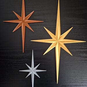 Op de afbeelding: Drie sterrenburst wanddecoraties in verschillende maten en kleuren. De grootste is goud, de middelste is brons en de kleinste is zilver. Elke ster heeft puntige stralen. De sterren worden weergegeven op een donkere ondergrond.