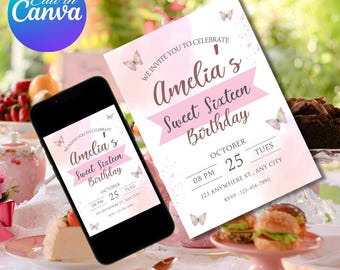 May include: A Sweet Sixteen birthday invitation with a pink watercolor background, butterflies, and the text "Amelia's Sweet Sixteen Birthday." The invitation is displayed on a smartphone and a printed card.