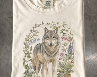 Wolf Shirt, Botanical Woodland Wildlife T-Shirt, Wildflower Nature Tee, Comfort Colors
