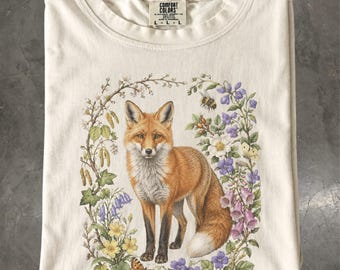 Red Fox Botanical T-Shirt, Woodland Wildflower Cottagecore Wildlife, Comfort Colors