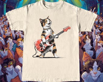 Rocking Calico Cat Electric Guitar T-Shirt | Music Lover Cat Tee