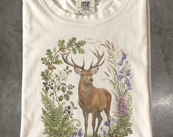 Red Deer Stag Shirt, Botanical Woodland Wildlife T-Shirt, Nature Tee, Comfort Colors