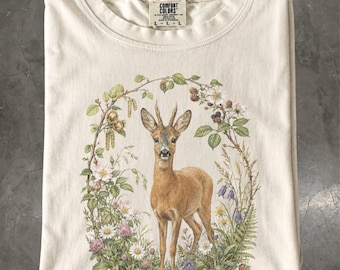 Roe Deer Shirt, Botanical Woodland Wildlife T-Shirt, Wildflower Nature Tee, Comfort Colors
