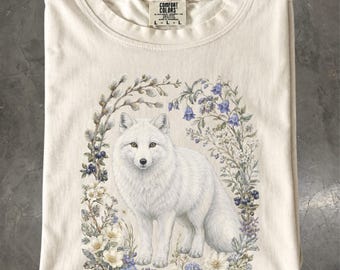 Arctic Fox Shirt, Botanical Wildflower Wildlife Tee, Winter Nature T-Shirt, Comfort Colors
