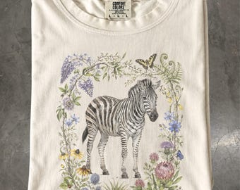 Zebra Floral T-Shirt, Botanical African Safari Wildlife, Comfort Colors