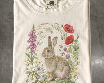 European Rabbit Shirt, Wildflower Botanical Cottagecore T-Shirt, Comfort Colors