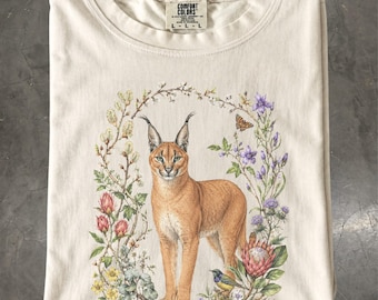 Caracal Botanical T-Shirt, African Wild Cat Floral Wildlife, Comfort Colors