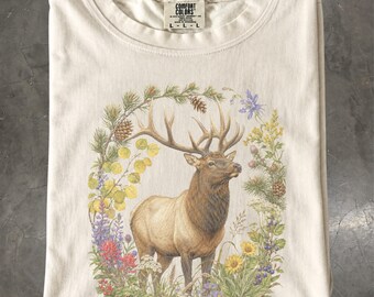 Elk Shirt, Botanical Mountain Wildlife T-Shirt, Wildflower Nature Tee, Comfort Colors