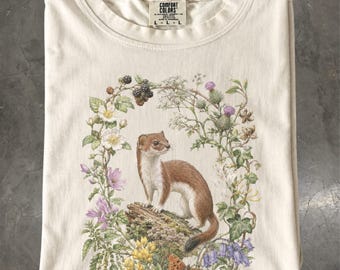 Weasel Botanical T-Shirt, Woodland Wildflower Cottagecore Wildlife, Comfort Colors