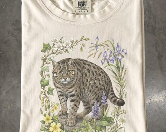 Fishing Cat Shirt, Botanical Wild Cat Wildlife Tee, Nature T-Shirt, Comfort Colors