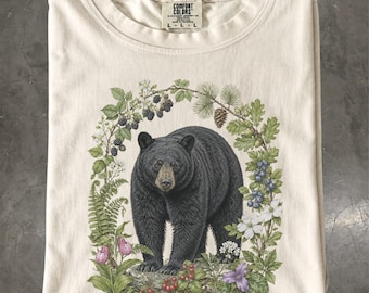 Black Bear Shirt, Botanical Forest Wildlife Tee, Wildflower Nature T-Shirt, Comfort Colors