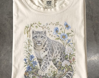 Snow Leopard Shirt, Botanical Alpine Big Cat Wildlife T-Shirt, Comfort Colors