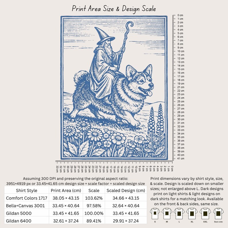 May include: A blue line art illustration of a wizard riding a corgi, surrounded by flowers. The image includes a vertical and horizontal ruler measuring up to 41 cm and 33 cm respectively, along with a table detailing print area dimensions.