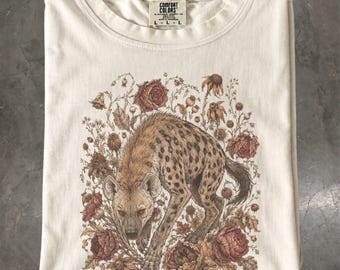 Spotted Hyena T-Shirt: Gothic Botanical Graphic Tee, Dark Academia Shirt, Wildlife Lover Gift