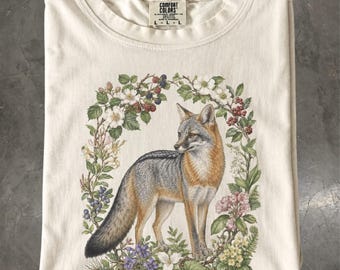 Gray Fox Shirt, Botanical Woodland Wildlife Tee, Floral Nature T-Shirt, Comfort Colors