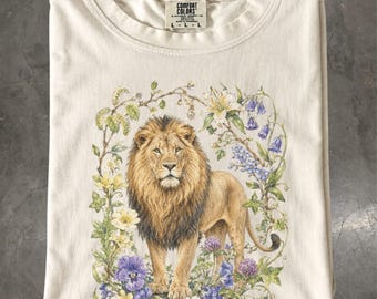 Lion Botanical T-Shirt, Floral Safari Wildlife, Comfort Colors