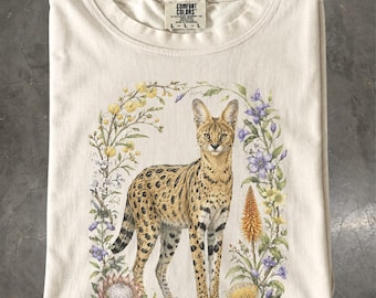 Serval Botanical T-Shirt, African Wild Cat Floral Wildlife, Comfort Colors