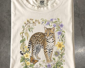 Ocelot Botanical T-Shirt, Floral Jungle Wild Cat Wildlife, Comfort Colors
