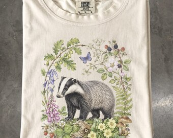 Badger Shirt, Botanical Woodland Wildlife Tee, Cottagecore Nature T-Shirt, Comfort Colors