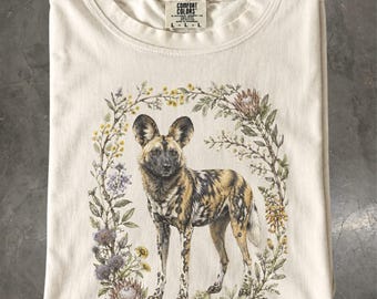 African Wild Dog Botanical T-Shirt, Painted Dog Safari Wildlife, Comfort Colors