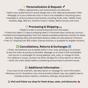 May include: An informational graphic on a light beige background with black text organized into four sections: Personalization & Request, Processing & Shipping, Cancellations, Returns & Exchanges, and Additional Information, featuring various icons.