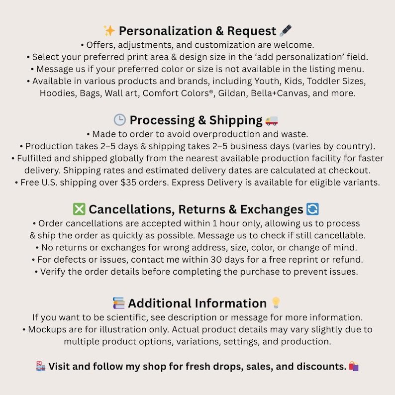 May include: An informational graphic on a light beige background with black text organized into four sections: Personalization & Request, Processing & Shipping, Cancellations, Returns & Exchanges, and Additional Information, featuring various icons.