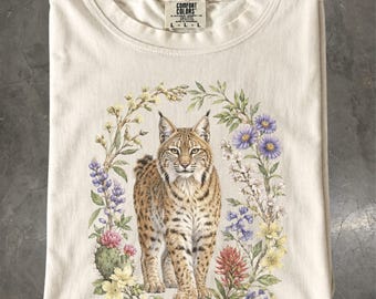Bobcat Floral T-Shirt, Forest Woodland Botanical Wildlife, Comfort Colors