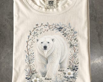 Polar Bear Botanical T-Shirt, Arctic Winter Floral Wildlife, Comfort Colors