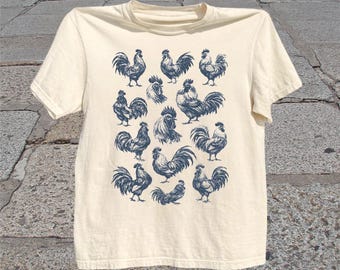 Rooster T-Shirt: Vintage Farmhouse Chicken Sketch Graphic Tee, Country Farm Shirt, Chicken Lover Gift