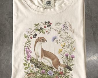 Stoat Botanical T-Shirt, Woodland Wildflower Weasel Wildlife, Comfort Colors