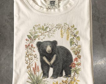 Sloth Bear Botanical T-Shirt, Jungle Floral Wildlife, Comfort Colors
