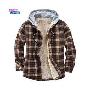 Peut inclure: Chemise à capuche à carreaux marron et beige avec une capuche grise et une doublure intérieure beige douce. La chemise a une fermeture boutonnée sur le devant et des manches longues. L'image comprend également un graphique "LIVRAISON GRATUITE".