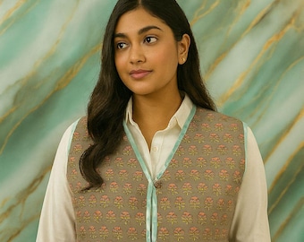 Handmade Quilted Cotton Jacket: Floral Block Printed Jacket, Reversible