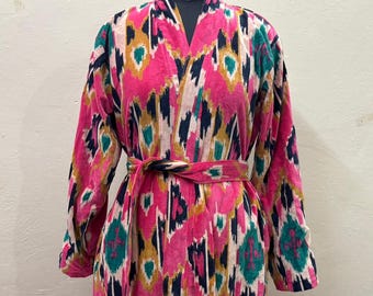 Pink Safari Velvet Kimono Robe - Cotton Jacket