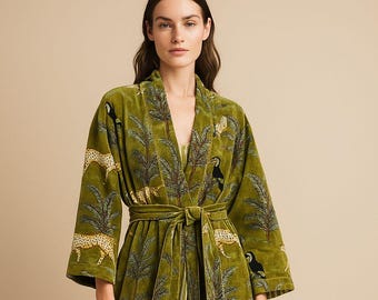 Green Jungle Print Velvet Kimono Robe, Handmade Tea Coat