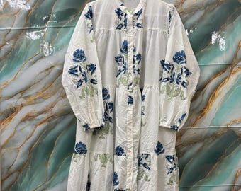 Handcrafted Cotton Maxi Dress | White Floral Block Printed Dress, Boho Style