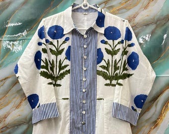 Vestido largo de algodón hecho a mano / Estampado floral azul, estilo boho