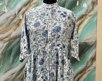 Hand Block Printed Cotton Maxi Dress - Blue Floral Indian Dress
