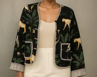 Jacke mit Blockdruck, gesteppter Baumwollmantel mit Tiger-Dschungeltiermotiv