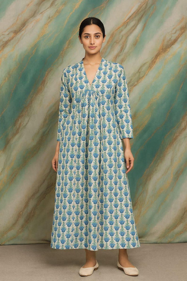 Paisley Block Print Cotton Maxi Dress – Bohemian Puff Sleeve Indian Summer Dress main image 0