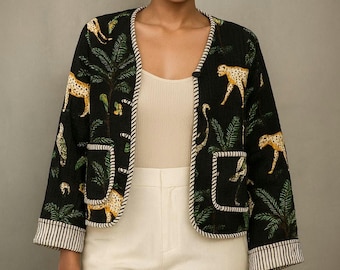 Tiger Jungle Print Quilted Jacket: Handmade Block Printed Cotton Coat