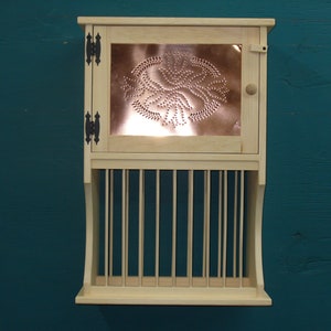 Primitive pie safe punched tin 1 copper door shelf wood plate dish rack glasses spices organizer kitchen cabinet