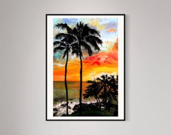 Könnte beinhalten: Ein Gemälde, das einen Sonnenuntergang über dem Meer mit zwei im Vordergrund silhouettierten Palmen zeigt. Der Himmel ist ein lebendiges Gemisch aus Orange, Gelb und Rot.